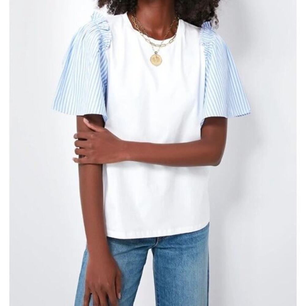 Tuckernuck Pomander Place Mollie Ruffle Sleeve Tee Size XS Blue Stripe Preppy
